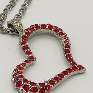 VCLM Red Rhinestone Heart Pendant Necklace Silver Tone 20"
